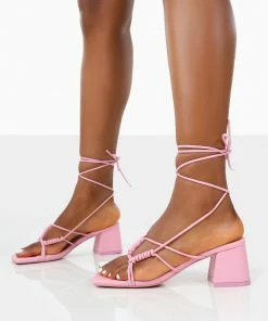 Public Desire UK NEW IN Fanatic Baby Pink PU Square Toe Lace Up Block Mid Heeled Sandals