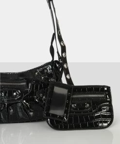 Public Desire UK Trackstar Black PU Studded Mirror Zip Detail Handbag