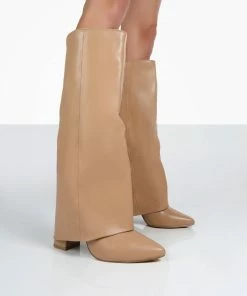 Public Desire UK Zendaya Nude Pointed Toe Knee High Boots NEW IN