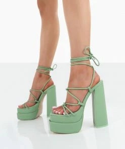 Public Desire UK Glow Girl Mint PU Lace Up Platform High Heels