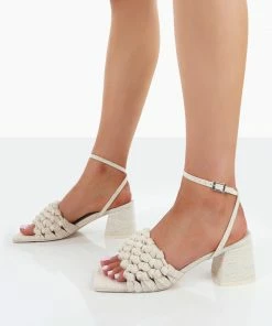 Public Desire UK Heels Got This Natural Linen Woven Square Toe Block Mid Heeled Mule Sandals