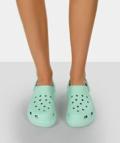 Public Desire UK FLATS Vista Mint Green Rubber Platform Clog Sandals