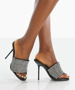 Public Desire UK Heels High Shine Black PU Diamante Strappy Heeled Mules