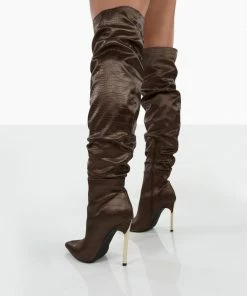 Public Desire UK NEW IN Energy Choc Croc PU Pointed Toe Over The Knee Heeled Boots