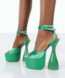 Public Desire UK Disco Green Faux Velvet Lace Up Cylinder Platform Heels 6 Public Desire UK Disco Green Faux Velvet Lace Up Cylinder Platform Heels