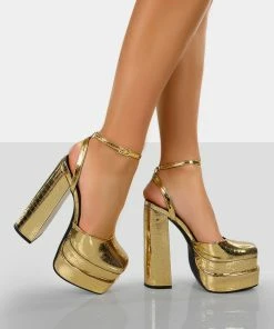 Public Desire UK Moonchild Gold Croc Closed Toe Statement Platform Block Heels NEW IN
