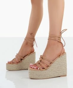 Public Desire UK Chakkra Nude PU High Heeled Sandal Espadrilles Wedges