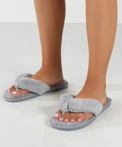 Public Desire UK Cuddle Grey Thong Strap Faux Fur Slippers
