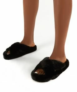 Public Desire UK Snuggles Black Fluffy Faux Fur Slippers Gifts