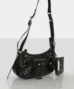 Public Desire UK Trackstar Black PU Studded Mirror Zip Detail Handbag