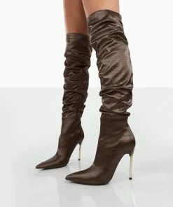 Public Desire UK NEW IN Energy Choc Croc PU Pointed Toe Over The Knee Heeled Boots
