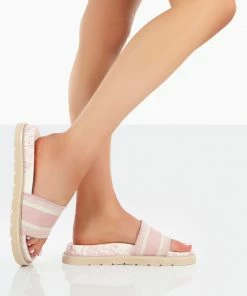 Public Desire UK Toile Baby Pink Embroidered Print Slide Sandals
