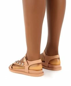Public Desire UK FLATS Sadie Beige Jewel Detail Flat Sandal