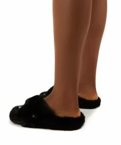 Public Desire UK Snuggles Black Fluffy Faux Fur Slippers Gifts