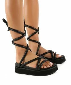 Public Desire UK FLATS Jolly Black PU Weaved Ankle Strap Detail Chunky Sandals