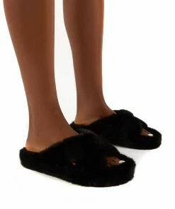 Public Desire UK Snuggles Black Fluffy Faux Fur Slippers Gifts