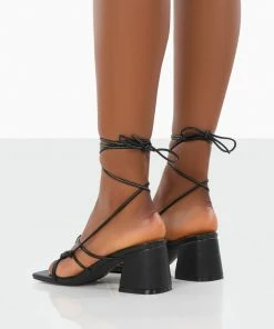 Public Desire UK Fanatic Black PU Square Toe Lace Up Block Mid Heeled Sandals NEW IN