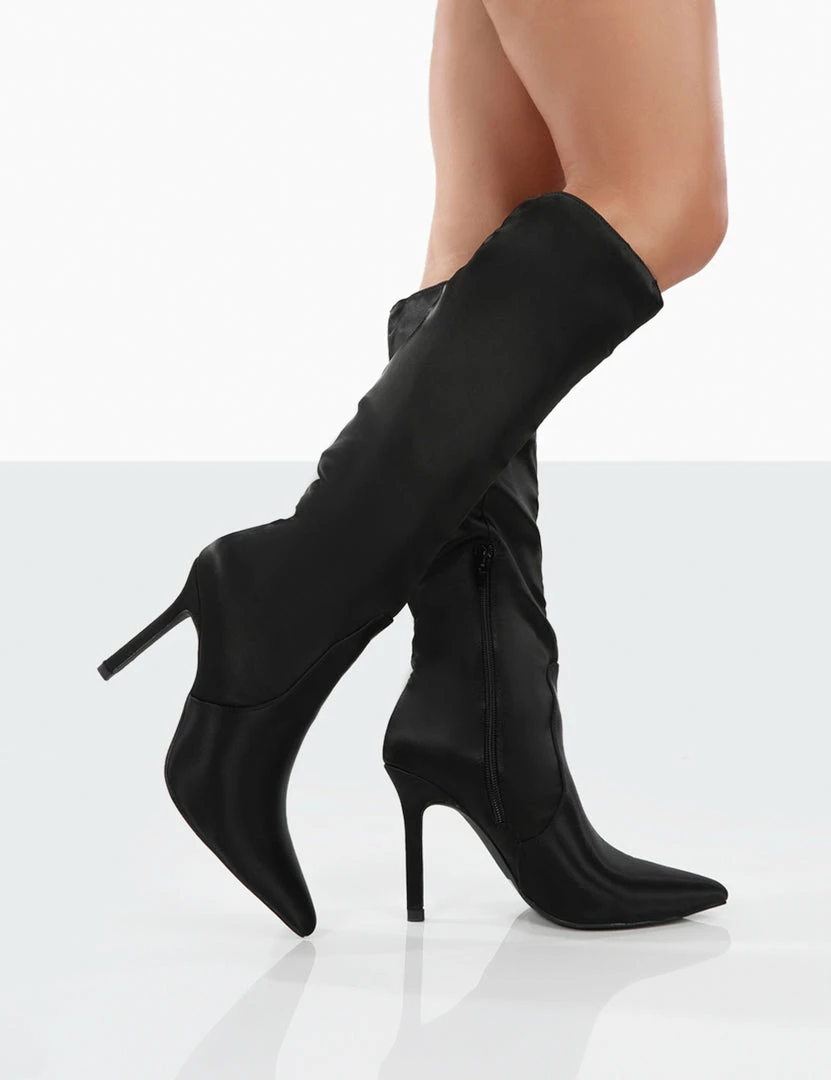 Public Desire UK NEW IN Best Believe Black Satin Pointed Toe Heeled Knee High Boots 4 Public Desire UK NEW IN Best Believe Black Satin Pointed Toe Heeled Knee High Boots