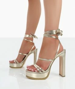 Public Desire UK NEW IN Gimme Gimme Gold PU Strappy Lace Up Block Heels
