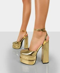 Public Desire UK Moonchild Gold Croc Closed Toe Statement Platform Block Heels NEW IN
