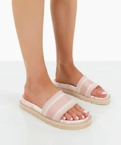 Public Desire UK Toile Baby Pink Embroidered Print Slide Sandals