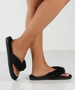 Public Desire UK FLATS Cuddle Black Thong Strap Faux Fur Slippers