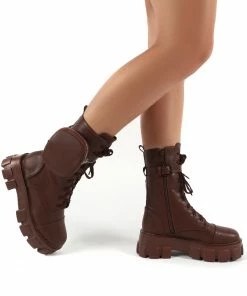 Public Desire UK Intention Wide Fit Chocolate Chunky Sole Pouch Ankle Boots