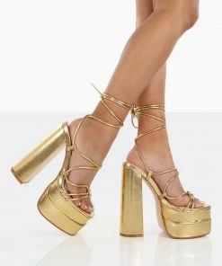 Public Desire UK Glow Girl Wide Fit Gold PU Lace Up Platform High Heels NEW IN