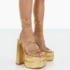 Public Desire UK Glow Girl Wide Fit Gold PU Lace Up Platform High Heels NEW IN