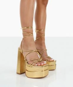 Public Desire UK Glow Girl Wide Fit Gold PU Lace Up Platform High Heels NEW IN