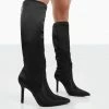 Public Desire UK NEW IN Best Believe Black Satin Pointed Toe Heeled Knee High Boots