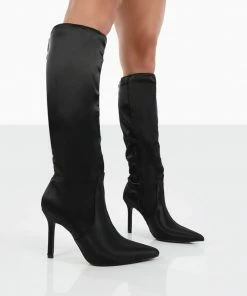 Public Desire UK NEW IN Best Believe Black Satin Pointed Toe Heeled Knee High Boots