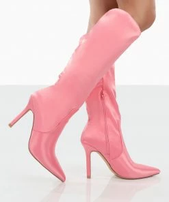 Public Desire UK Best Believe Pink Satin Pointed Toe Heeled Knee High Boots NEW IN