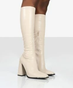 Public Desire UK Caryn Stone PU Knee High Heeled Boots