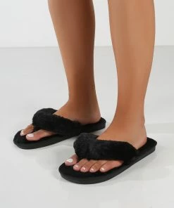 Public Desire UK FLATS Cuddle Black Thong Strap Faux Fur Slippers