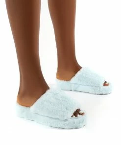 Public Desire UK Snoozie Blue Faux Fur Chunky Platform Sole Sliders Gifts