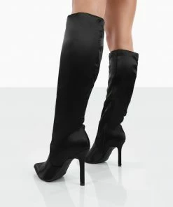 Public Desire UK NEW IN Best Believe Black Satin Pointed Toe Heeled Knee High Boots