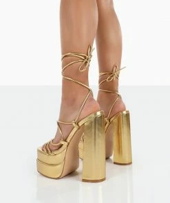 Public Desire UK Glow Girl Wide Fit Gold PU Lace Up Platform High Heels NEW IN