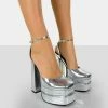 Public Desire UK Moonchild Silver Croc Closed Toe Statement Platform Block Heels NEW IN