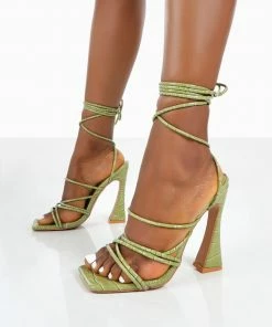 Public Desire UK Corrbin Green Croc Patent Pu Strappy Lace Up Flared Heels Back In Stock