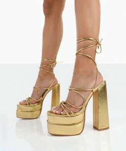 Public Desire UK Glow Girl Wide Fit Gold PU Lace Up Platform High Heels NEW IN