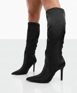 Public Desire UK NEW IN Best Believe Black Satin Pointed Toe Heeled Knee High Boots 6 Public Desire UK NEW IN Best Believe Black Satin Pointed Toe Heeled Knee High Boots