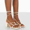 Public Desire UK Fanatic Ecru PU Square Toe Lace Up Block Mid Heeled Sandals NEW IN