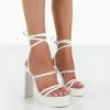 Public Desire UK Gimme Gimme White PU Strappy Lace Up Block Heels