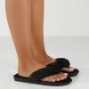 Public Desire UK FLATS Cuddle Black Thong Strap Faux Fur Slippers