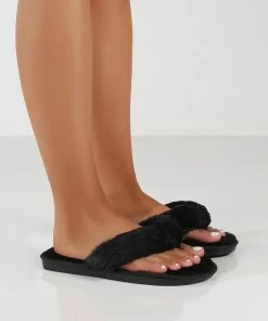 Public Desire UK FLATS Cuddle Black Thong Strap Faux Fur Slippers