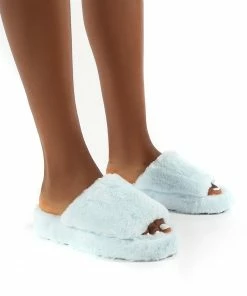 Public Desire UK Snoozie Blue Faux Fur Chunky Platform Sole Sliders Gifts