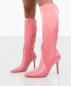 Public Desire UK Best Believe Pink Satin Pointed Toe Heeled Knee High Boots NEW IN
