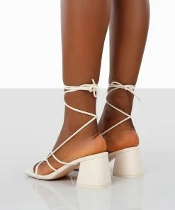 Public Desire UK Fanatic Ecru PU Square Toe Lace Up Block Mid Heeled Sandals NEW IN