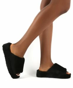 Public Desire UK Snoozie Black Faux Fur Chunky Platform Sole Sliders